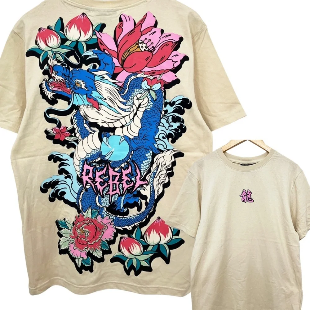 Rebel Vengeance Japanese Dragon Floral Graphic T-Shirt Men’s Large